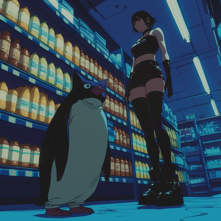The original image and "meme":https://knowyourmeme.com/memes/memes template, showing a penguin and a "goth":https://knowyourmeme.com/memes/cultures/goth girl in a grocery store aisle, used for "object labeling":https://knowyourmeme.com/memes/object-labeling memes on "Instagram":https://knowyourmeme.com/memes/sites/instagram and "Reddit":https://knowyourmeme.com/memes/sites/reddit.