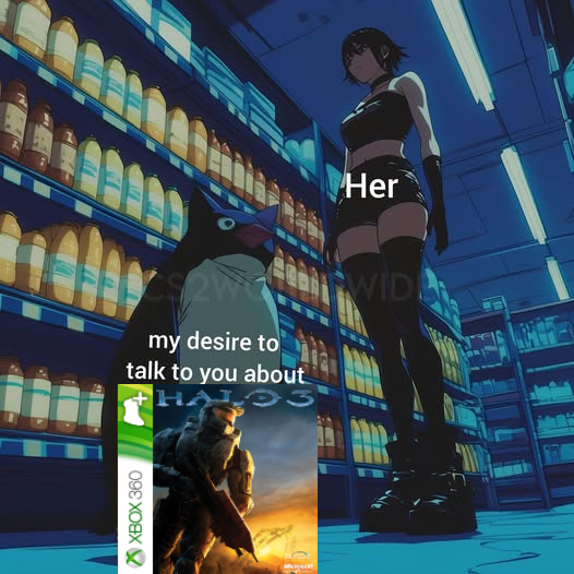 A "meme":https://knowyourmeme.com/memes/memes that "object labels":https://knowyourmeme.com/memes/object-labeling a joke about "_Halo 3_":https://knowyourmeme.com/memes/subcultures/halo on the image of a penguin and a "goth":https://knowyourmeme.com/memes/cultures/goth girl in a grocery store aisle.
