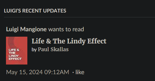 A Goodreads post from the suspected UnitedHealthcare CEO shooter Luigi Mangione for the book "Life & The Lindy Effect" by famed "Twitter / X":https://knowyourmeme.com/memes/sites/twitter-x user Paul Skallas, also known as the "Lindy Man":https://knowyourmeme.com/memes/lindy-lindy-effect.