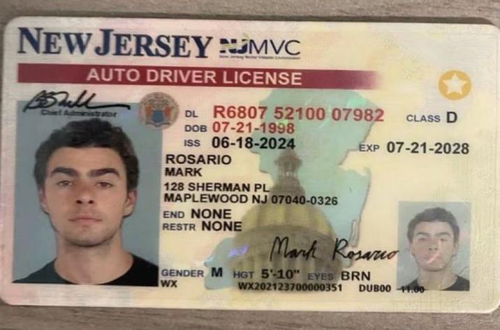 The New Jersey fake ID found on Luigi Mangione when he was detained in Altoona, Pennsylvania for the alias Mark Rosario.  