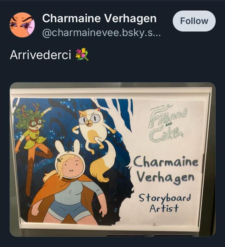 Charmaine Verhagen Follow @charmainevee.bsky.s... Arrivederci Fianna AND Cake Charmaine Verhagen Storyboard Artist