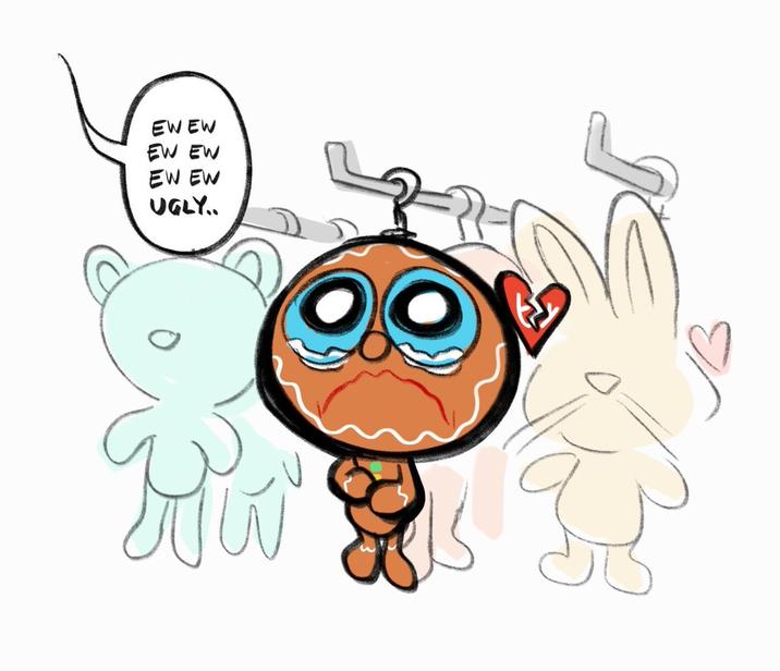 "Fan art":https://knowyourmeme.com/memes/cultures/fan-art of the Gingerbread Man Ty Beanie Baby. The drawing shows a person saying, "Ew, ew, ew, ew, ew, ew, ugly," while the stuffed animal cries on the rack, akin to the original viral "tweet":https://knowyourmeme.com/memes/sites/twitter-x.