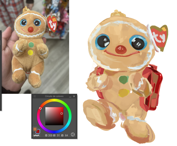 "Fan art":https://knowyourmeme.com/memes/cultures/fan-art of the Gingerbread Man Ty Beanie Baby, akin to the original viral "tweet":https://knowyourmeme.com/memes/sites/twitter-x that made the stuffed animal go viral in December 2024.