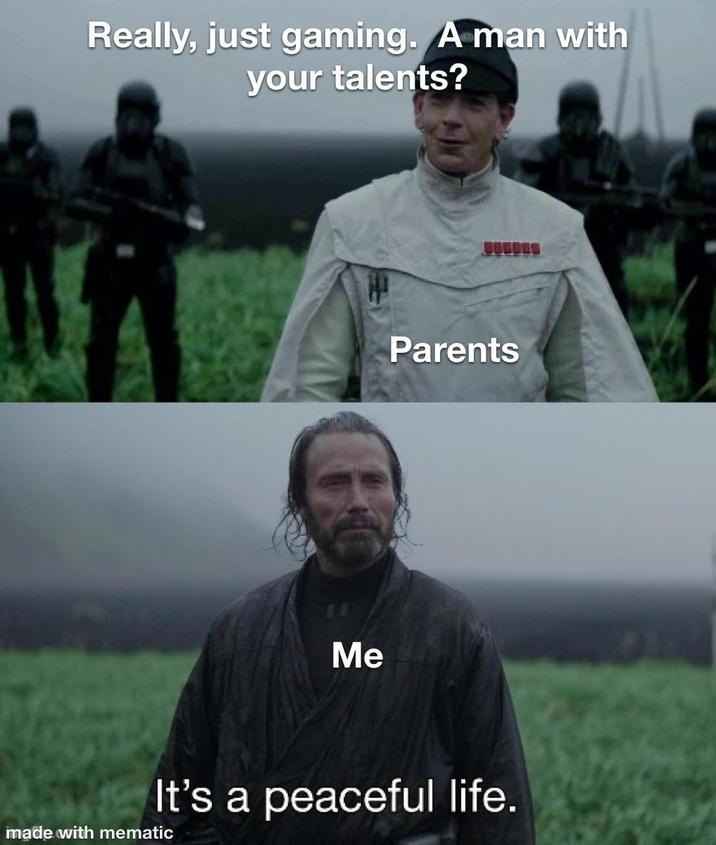 Really, just gaming. A man with your talents? Me Parents It's a peaceful life. made with mematic