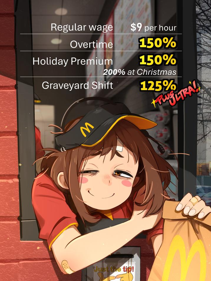 Just the tip! Regular wage $9 per hour Overtime Holiday Premium 150% 150% 200% at Christmas Graveyard Shift 125% M СПР ULTRAY