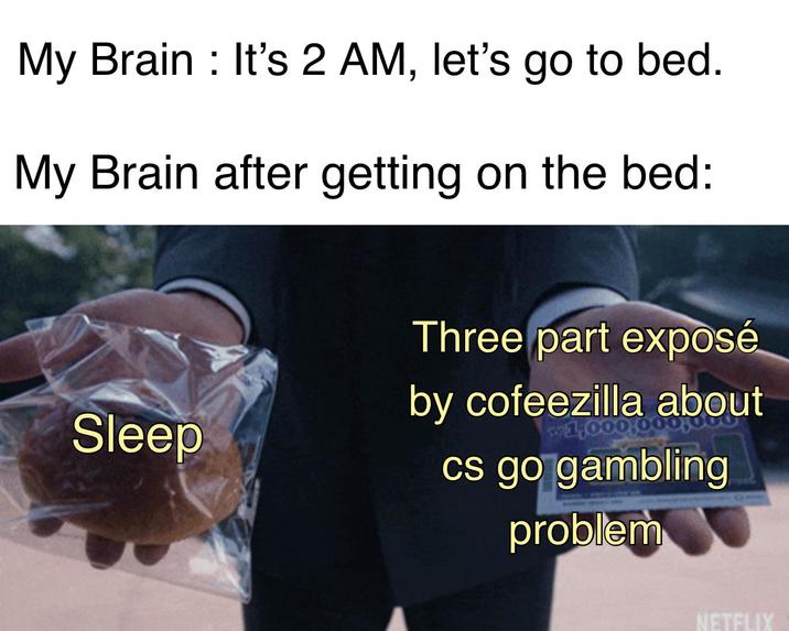 My Brain: It's 2 AM, let's go to bed. My Brain after getting on the bed: Three part exposé by cofeezilla about Sleep cs go gambling problem NETFLIX