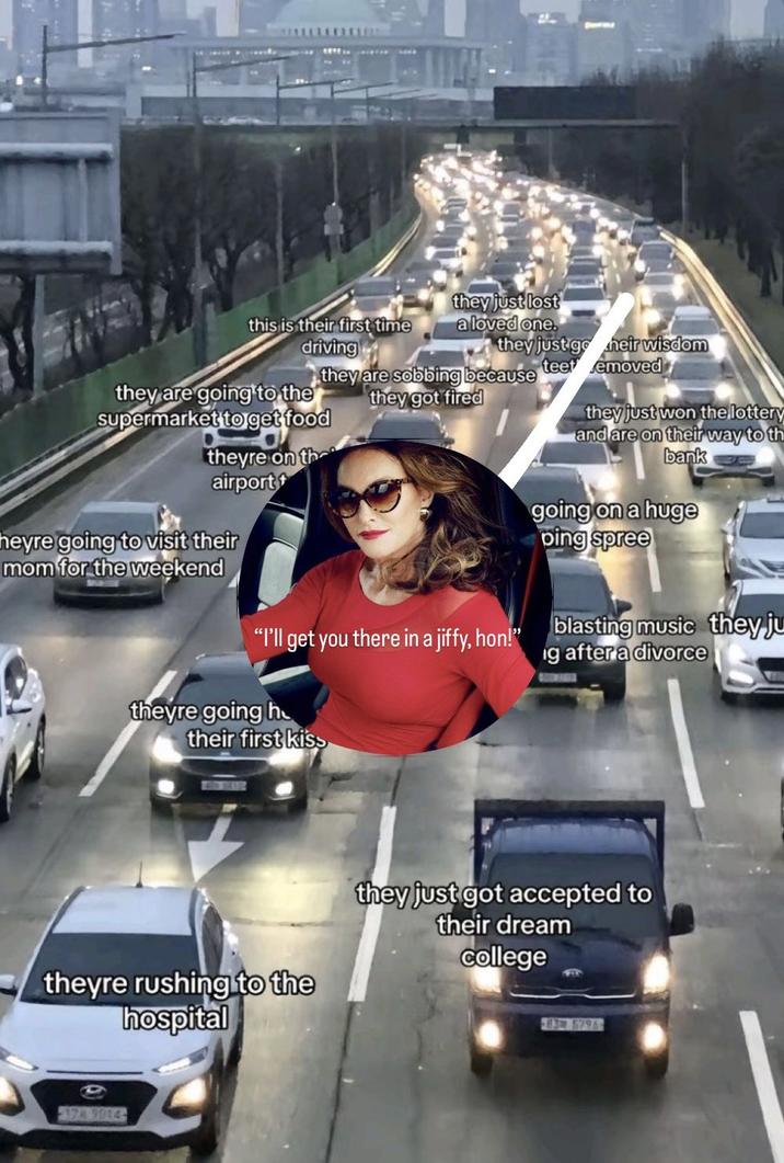 A meme based on a photograph of Caitlyn Jenner and the Real People in Other Cars image.