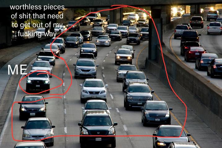 A recaptioned parody version of Real People in Other Cars image that dehumanizes other drivers.