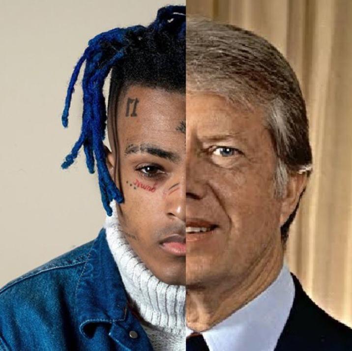 A meme about the death of former "U.S.":https://knowyourmeme.com/memes/cultures/united-states-of-america President Jimmy Carter, using the "XXXTentacion Half-Face Mashup":https://knowyourmeme.com/memes/xxxtentacion-half-face-mashup format.