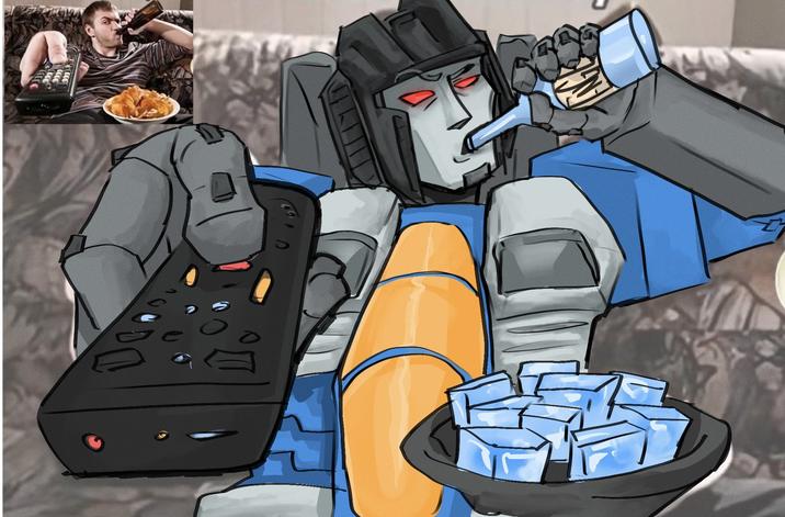 A Thundercracker redraw of Couch Potato Sipping Beer stock image