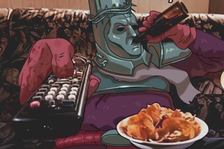 An unidentified redraw of Couch Potato Sipping Beer stock image