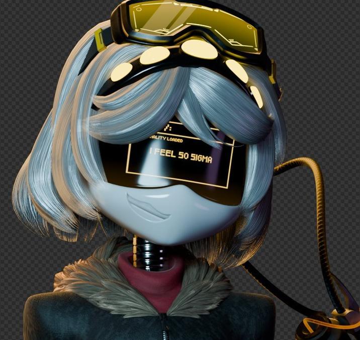 A 3D render based on the N (Murder Drones) version of the I Feel So Sigma meme.