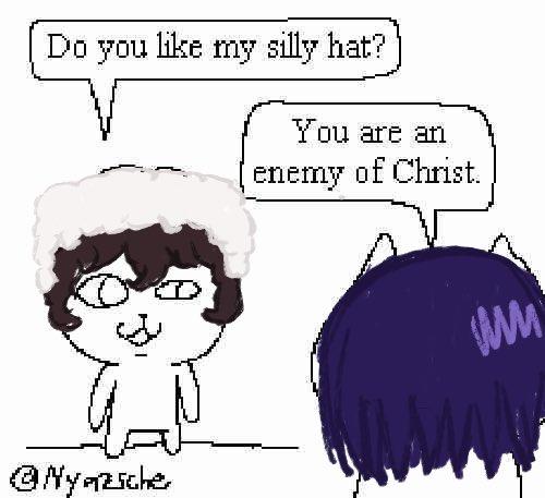 An edit of @Nyazsche's "Silly Hat" webcomic featuring two _Bungou Stray Dogs_ characters Fyodor Dostoyevsky and Osamu Dazai. The ship is commonly known as "fyozai."

