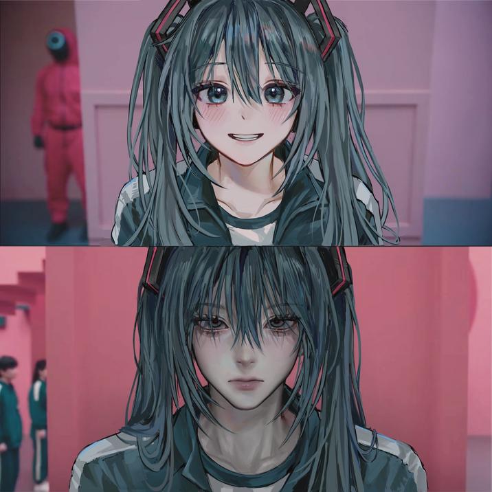 Smiling and Unsmiling Miku by artist @t0myu3