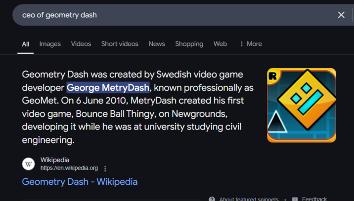 Matching CEO Names meme spreading misinformation that Geometry Dash was created by George MetryDash