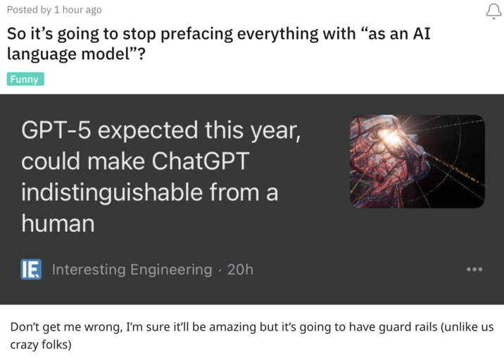 A "Reddit":https://knowyourmeme.com/memes/sites/reddit post about "ChatGPT":https://knowyourmeme.com/memes/sites/chatgpt always prefacing its answers with "As an AI language model."