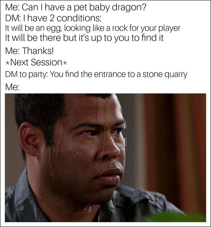 Me: Can I have a pet baby dragon? DM: I have 2 conditions: It will be an egg, looking like a rock for your player It will be there but it's up to you to find it Me: Thanks! *Next Session* DM to party: You find the entrance to a stone quarry Me: