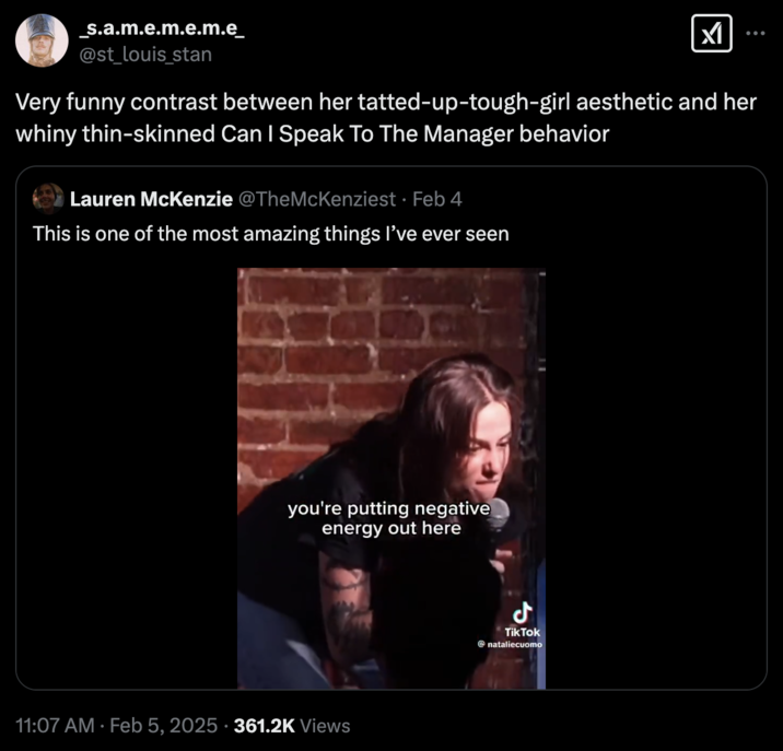"Natalie Cuomo's Crowdwork Crashout" clip was universally criticized by viewers on X, who called her response a "crashout":https://knowyourmeme.com/memes/crashout-crash-out, and criticized the comedian's inability to crush off an awkward heckler interaction. The "viral video":https://knowyourmeme.com/memes/viral-videos shows comedian Natalie Cuomo shouting down a heckler at a comedy show she was performing at. After the heckler says, "I can roast you too," Natalie Cuomo pauses her set to berate him, telling him "it is such a hard time in this world right now," "you're putting negative energy out there," and "it's the last show of my weekend," while repeatedly saying "look me in the eye."
