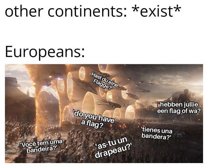 other continents: *exist* Europeans: Hast du eine Flagge? hebben jullie een flag of wa? "Você tem uma bandeira?' 'do you have a flag? 'as-tu un drapeau?' 'tienes una bandera?'