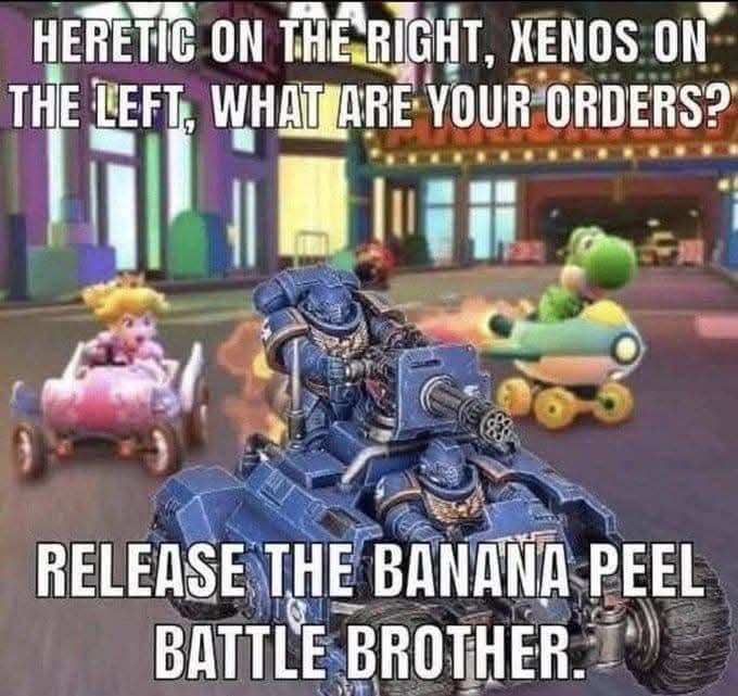 HERETIC ON THE RIGHT, XENOS ON THE LEFT, WHAT ARE YOUR ORDERS? RELEASE THE BANANA PEEL BATTLE BROTHER.