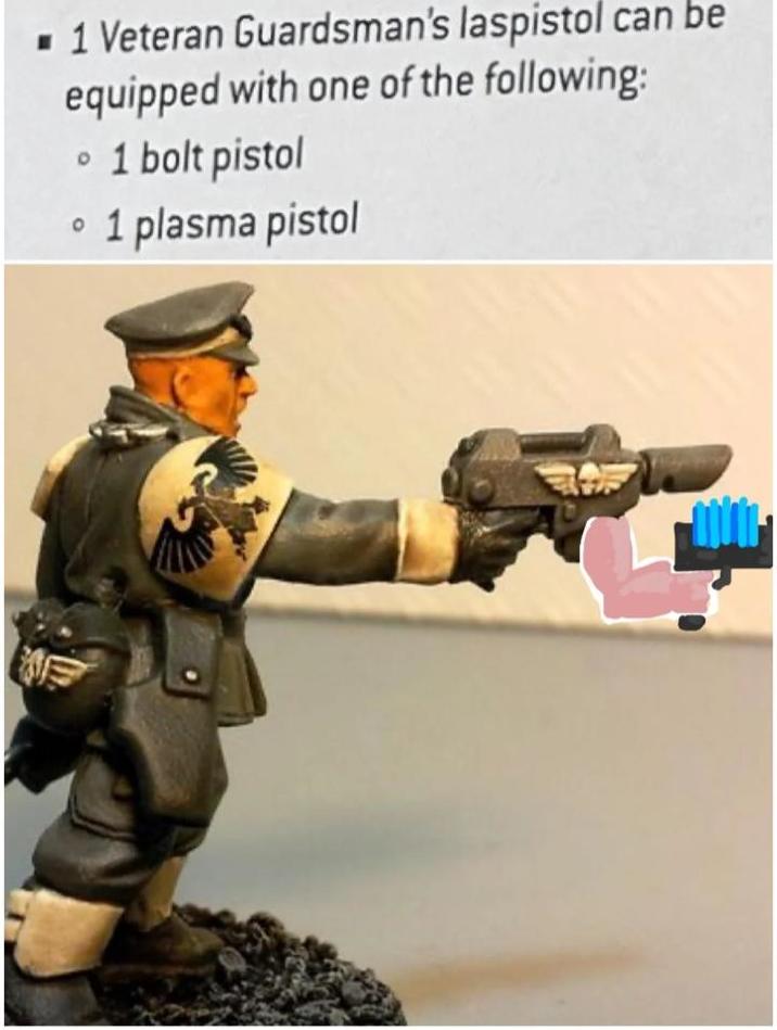 1 Veteran Guardsman's laspistol can be equipped with one of the following: 。 о 1 bolt pistol • 1 plasma pistol