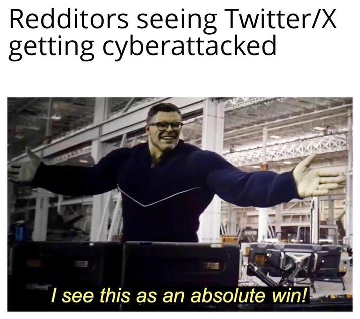 Redditors seeing Twitter/X getting cyberattacked I see this as an absolute win!