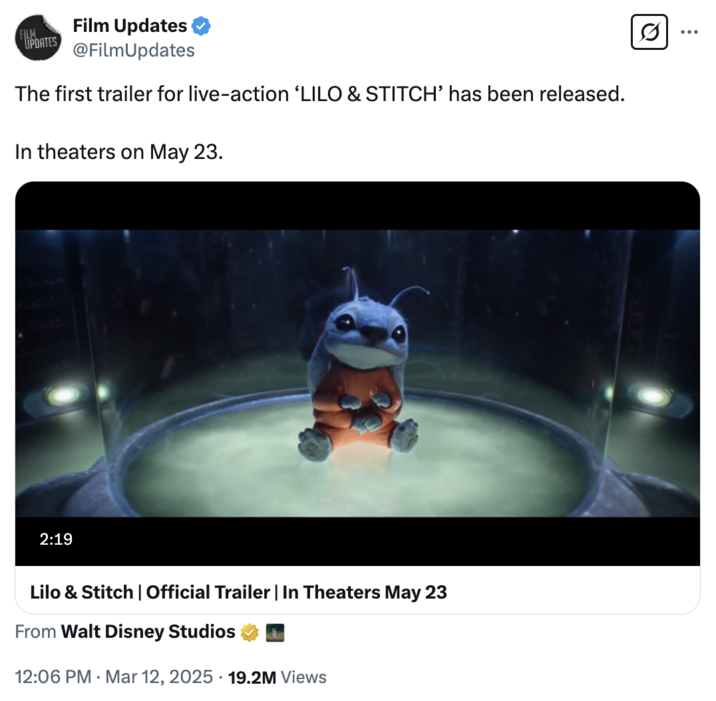 A post sharing the trailer for the live-action remake of the 2002 "Disney" animated film _Lilo and Stitch_ , which follows the story of a Hawaiian girl (played by Maia Kealoha) who befriends Stitch, a mischievous alien engineered for destruction. The official trailer for the movie dropped in March 2025, prompting fan reactions and memes. 