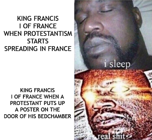 KING FRANCIS I OF FRANCE WHEN PROTESTANTISM STARTS SPREADING IN FRANCE KING FRANCIS I OF FRANCE WHEN A PROTESTANT PUTS UP A POSTER ON THE DOOR OF HIS BEDCHAMBER i sleep real s---