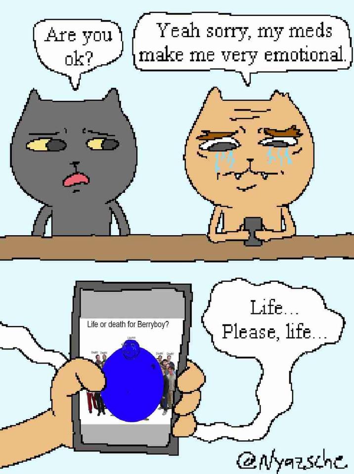 Are you ok? Yeah sorry, my meds make me very emotional. Life or death for Berryboy? Du Death Dear Bat 문 Life... Please, life. @Nyazsche
