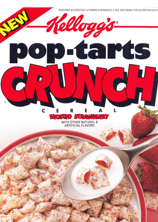 NEW PROVIDES 10 ESSENTIAL VITAMINS & MINERALS SEE SIDE PANEL FOR NUTRITION FACTS Kellogg's pop-tarts CRUNCH CEREAL FROSTED STRAWBERRY WITH OTHER NATURAL & ARTIFICIAL FLAVORS