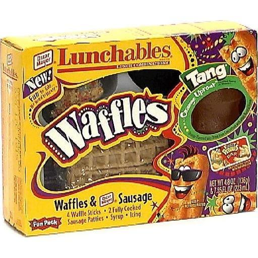 Dicar Mayer New! Fun to Ear Lunchables AUREL COMMURATION Waffles Waffles & Sausage 4 Waffle Sticks 2 Fully Cooked Fun Pack Sausage Patties Syrup Icing ALTID Tang Uproar Pouls BAR NET WT 4802 (136) &7.55EL. 07/223 m)