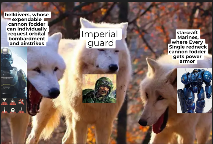 helldivers, whose expendable cannon fodder can individually request orbital bombardment and airstrikes Imperial guard starcraft Marines, where Every Single redneck cannon fodder gets power armor 77