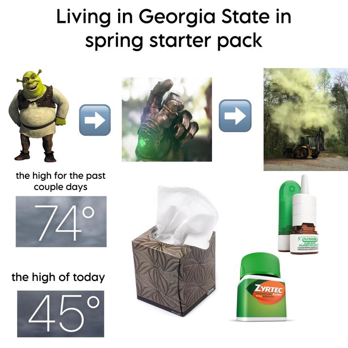 Living in Georgia State in spring starter pack the high for the past couple days 74° the high of today 45° ultra soft Kleenex ZYRTEC Cetirizine HCI tablets ALLERGY 10 mg/antihistamine FLONASE ALLERGY RELIEF SOULAGEMENT DES ALLERG FLUTICASONE PROPIONATE AQUEOUS NAS VAPORISATION NASALE AQUEUSE DE PROP