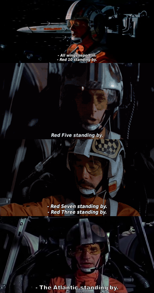 -All wings report in. -Red 10 standing by. Red Five standing by. -Red Seven standing by. - Red Three standing by. - The Atlantic standing by.