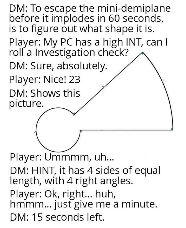 DM: To escape the mini-demiplane before it implodes in 60 seconds, is to figure out what shape it is. Player: My PC has a high INT, can I roll a Investigation check? DM: Sure, absolutely. Player: Nice! 23 DM: Shows this picture. Player: Ummmm, uh... DM: HINT, it has 4 sides of equal length, with 4 right angles. Player: Ok, right... huh, hmmm... just give me a minute. DM: 15 seconds left.