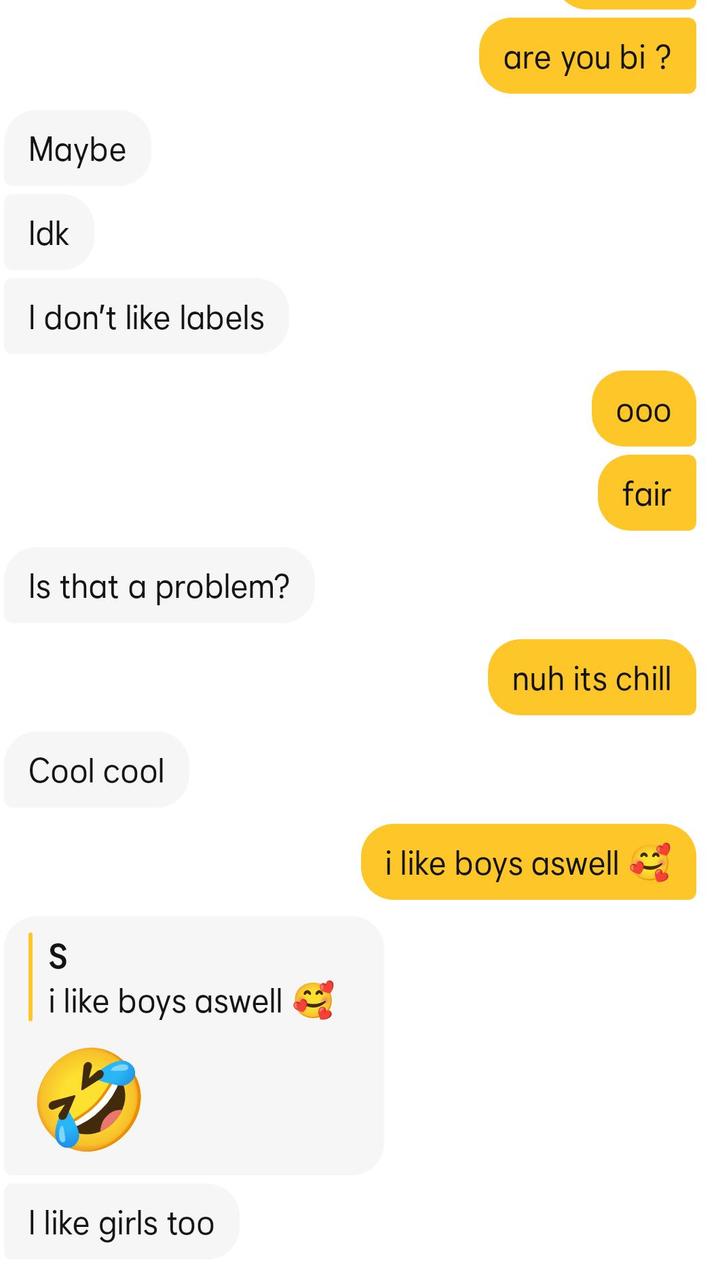 Maybe Idk I don't like labels are you bi ? 000 fair Is that a problem? nuh its chill Cool cool i like boys aswell S i like boys aswell I like girls too