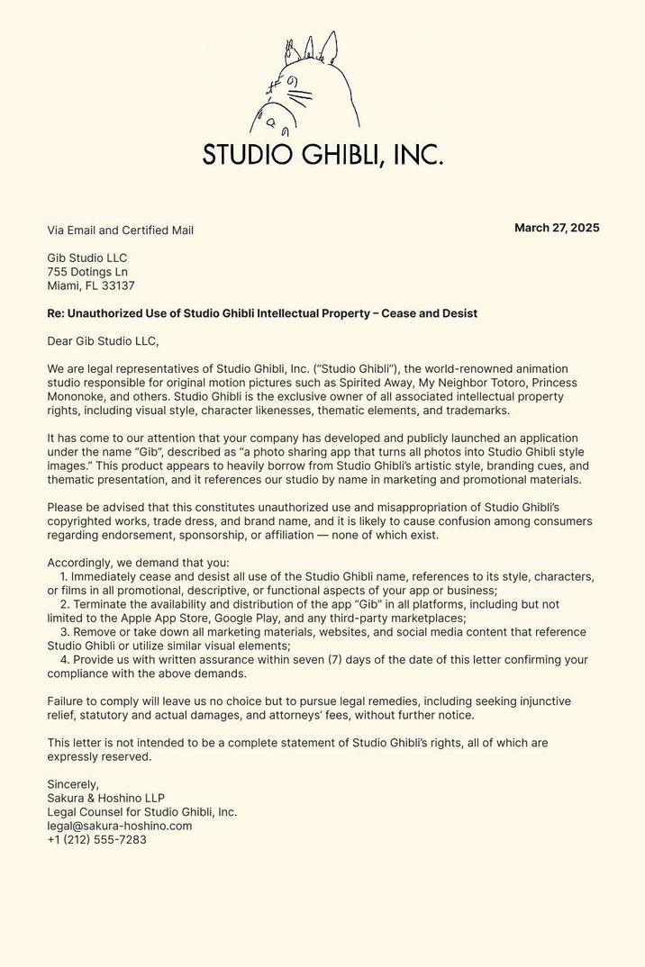 From the Twitter/X's posts 

"Some say this letter is probably fake. Which is an even bigger problem. Do you realize? This world can no longer distinguish between real and cheap productions. Who is the one who suffers? The artists who pursue authentic things."

"Losing to convenience and market capitalization"

"If the letter is indeed fake, my argument still works."

1. We know that Hayao Miyazaki really doesn't like AI being used to create artwork

2. People are busy making AI drawings that look like Ghibli

3. Hence, we can be pretty sure that Hayao Miyazaki is furious to see all this."

"If the letter is indeed fake, my argument still works."

1. We know that Hayao Miyazaki really doesn't like AI being used to create artwork

2. People are busy making AI drawings that look like Ghibli