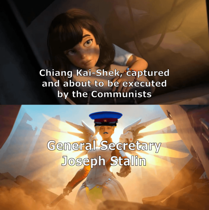 Chiang Kai-Shek, captured and about to be executed by the Communists General Secretary Joseph Stalin