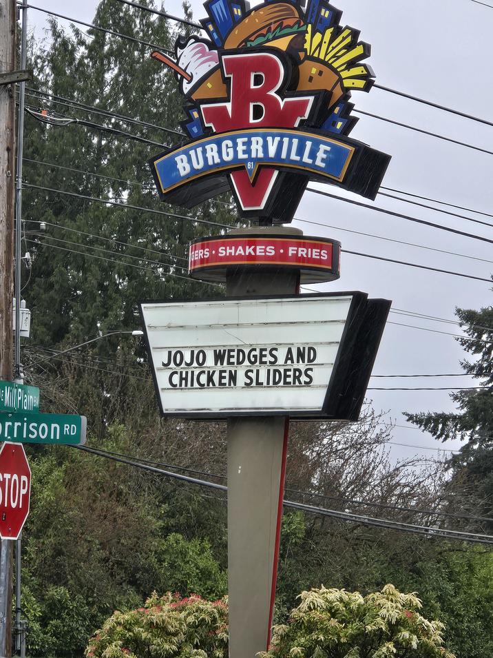 rrison RD STOP PA D B D BURGERVILLE 61 O O GERS SHAKES FRIES JOJO WEDGES AND CHICKEN SLIDERS