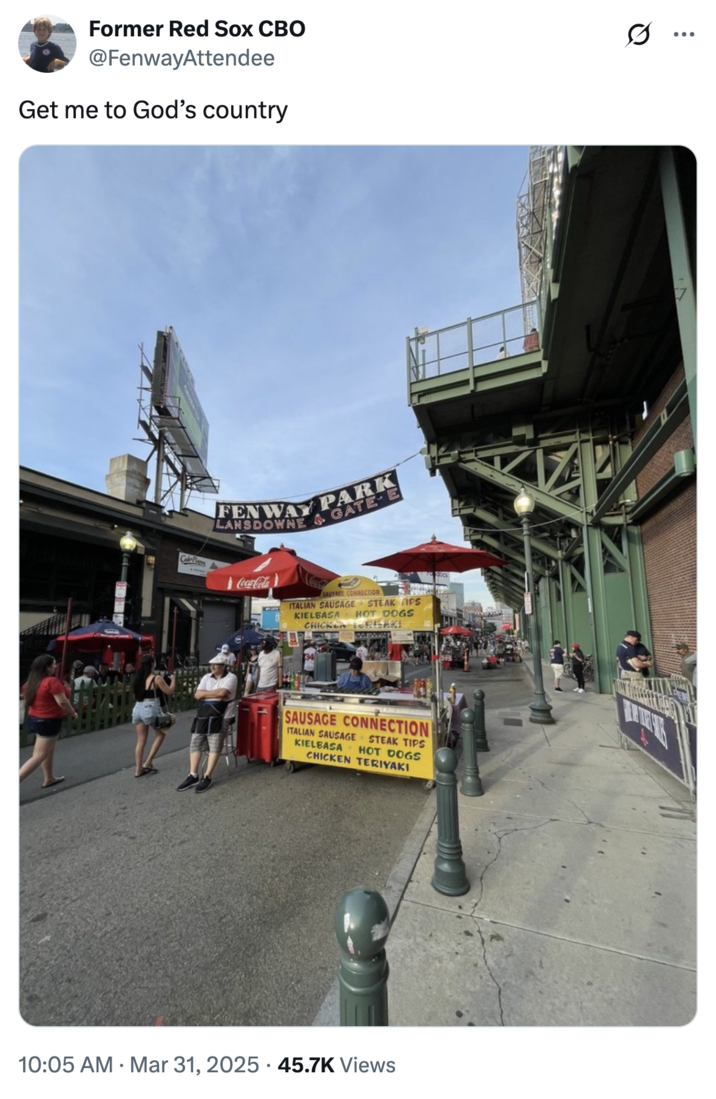 A photo of Fenway with Morgan Wallen's "Get Me To God's Country" as the caption.