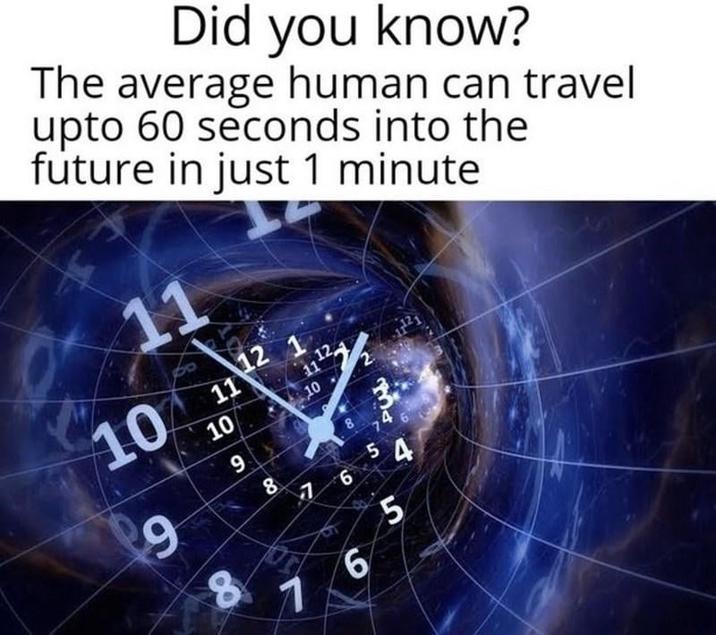 Did you know? The average human can travel upto 60 seconds into the future in just 1 minute 11 10 11 9 8 10 9 1 8 12 1 1112 7 10 6 54 6 5