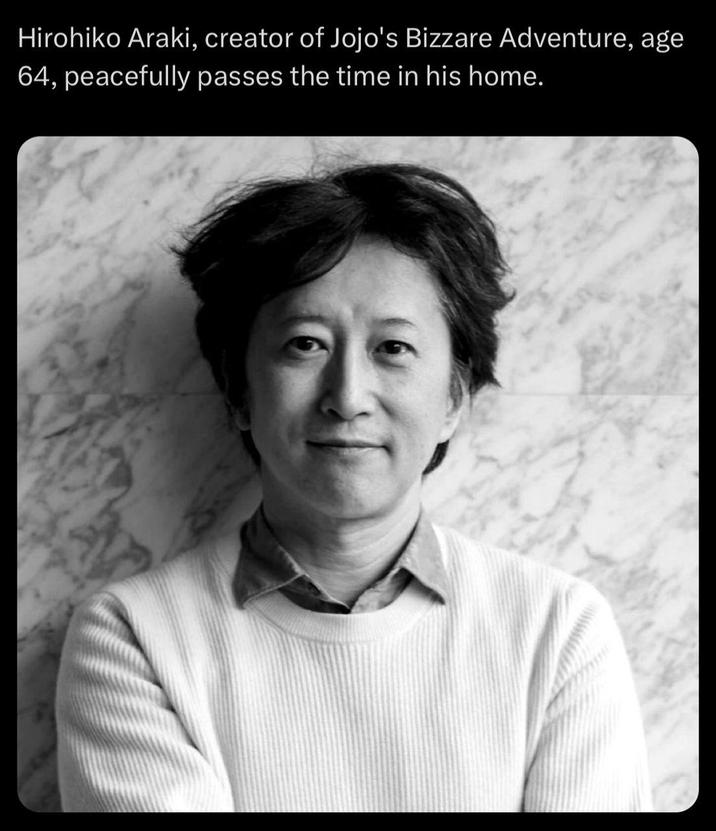 Hirohiko Araki, creator of Jojo's Bizzare Adventure, age 64, peacefully passes the time in his home.