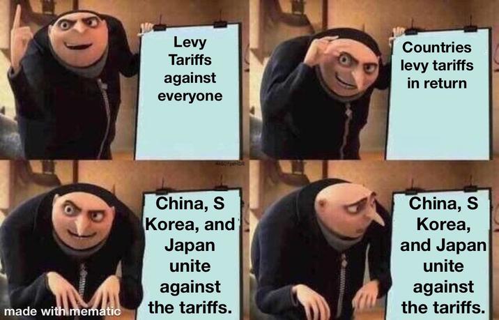 Levy Tariffs against everyone Countries levy tariffs in return made with mematic China, S Korea, and Japan unite against the tariffs. China, S Korea, and Japan unite against the tariffs.