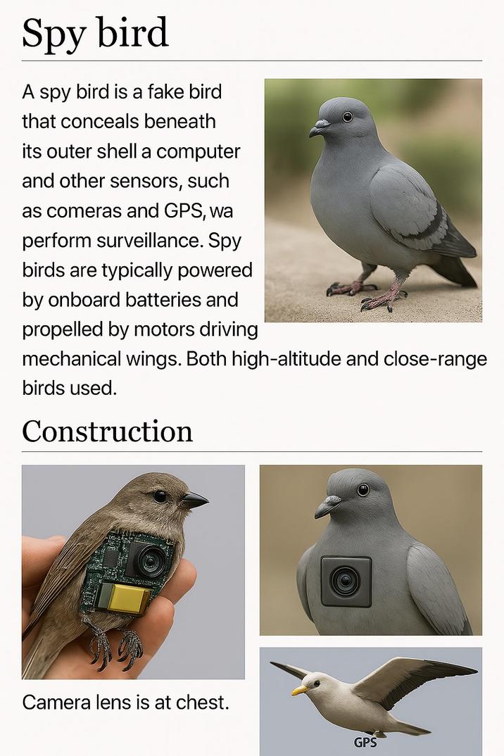 Spy bird A spy bird is a fake bird that conceals beneath its outer shell a computer and other sensors, such as comeras and GPS, wa perform surveillance. Spy birds are typically powered by onboard batteries and propelled by motors driving mechanical wings. Both high-altitude and close-range birds used. Construction Camera lens is at chest. GPS