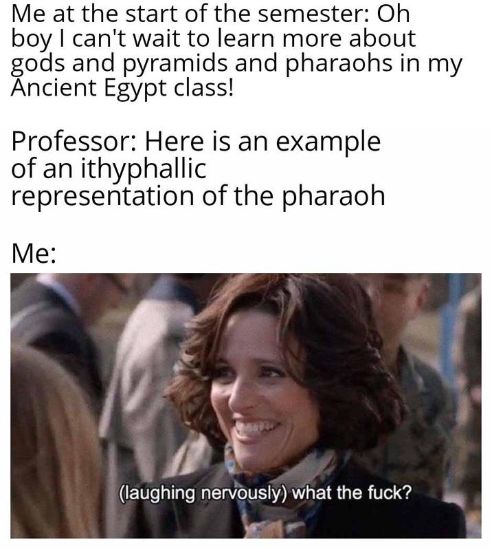 Me at the start of the semester: Oh boy I can't wait to learn more about gods and pyramids and pharaohs in my Ancient Egypt class! Professor: Here is an example of an ithyphallic representation of the pharaoh Me: (laughing nervously) what the f---?