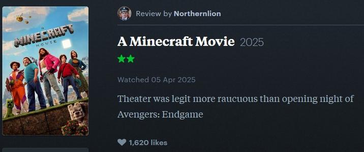 MINECRAFT MOVIE Review by Northernlion A Minecraft Movie 2025 Watched 05 Apr 2025 Theater was legit more raucuous than opening night of Avengers: Endgame 1,620 likes