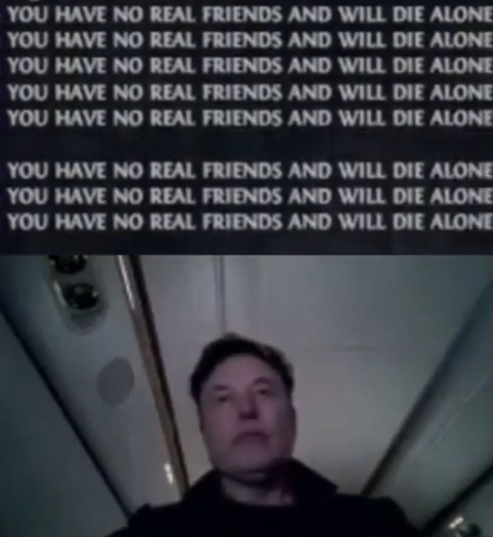 "Elon Musk":https://knowyourmeme.com/memes/people/elon-musk on his "_Path of Exile 2_":https://knowyourmeme.com/memes/subcultures/path-of-exile livestream getting "cyberbullied":https://knowyourmeme.com/memes/cyberbullying and "trolled":https://knowyourmeme.com/memes/trolling-troll in the chat by people "spamming":https://knowyourmeme.com/memes/spam-spammed, "YOU HAVE NO REAL FRIENDS AND WILL DIE ALONE."