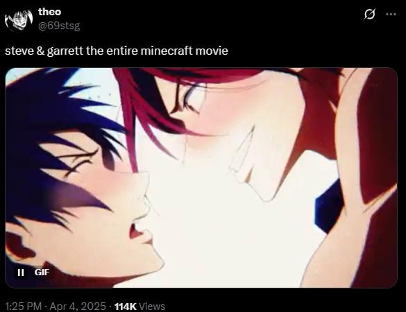 A meme reading "steve & garrett the entire minecraft movie." The meme shows two sexually active anime characters.