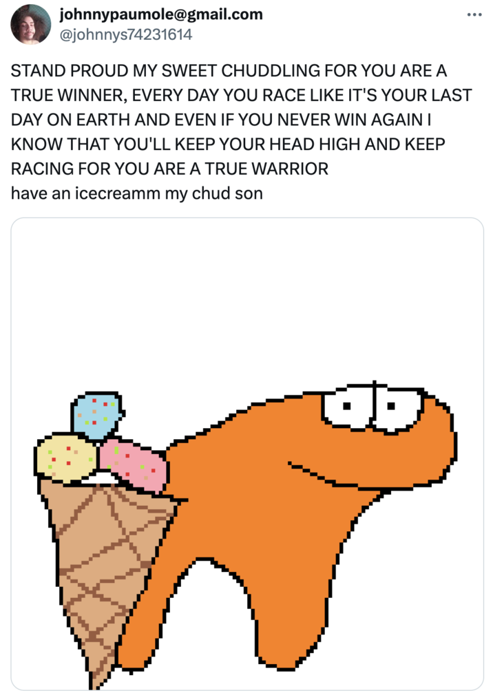 "Fan art":https://knowyourmeme.com/memes/cultures/fan-art for Horse Racing Tests on "Twitter / X":https://knowyourmeme.com/memes/sites/twitter-x.