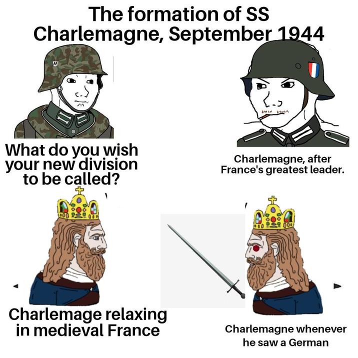 The formation of SS Charlemagne, September 1944 دیا What do you wish your new division to be called? Charlemagne, after France's greatest leader. 0001 Charlemage relaxing in medieval France Charlemagne whenever he saw a German